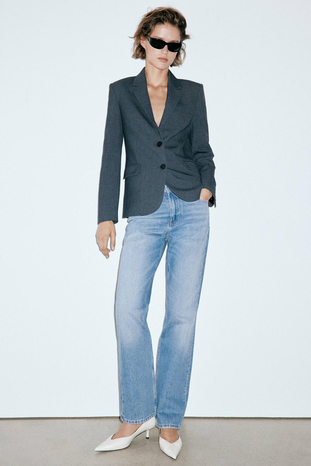 Medium blue denim dames Mango straight leg jeans medium van denim met rits- en knoopsluiting en effen