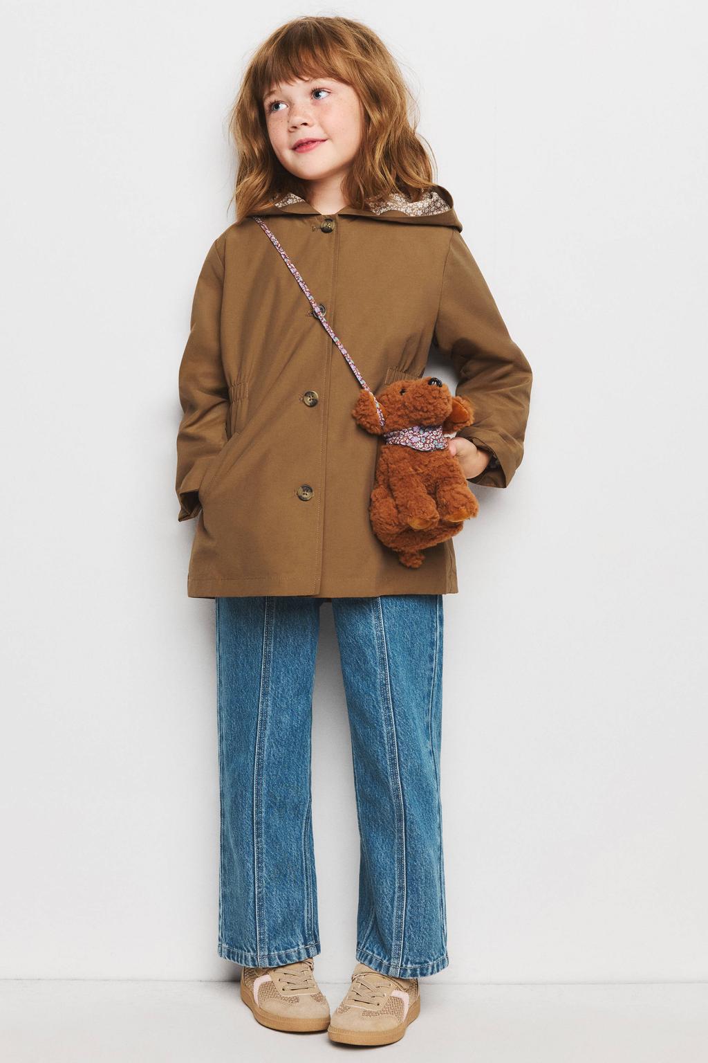 Bruine meisjes Mango Kids katoenen parka met knoopsluiting