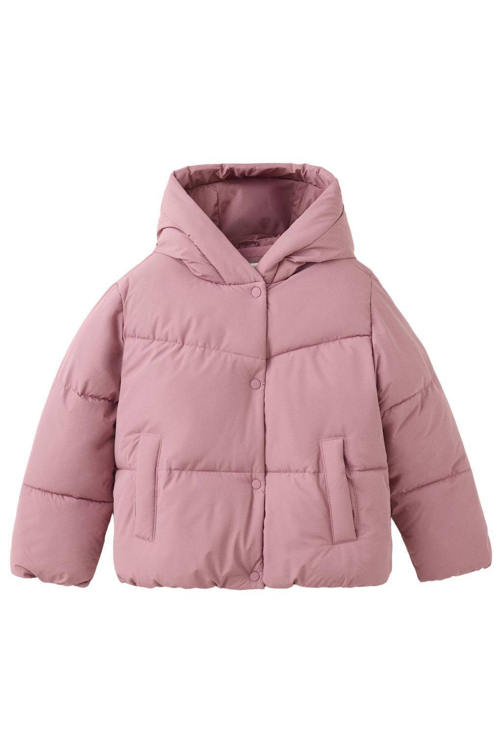 Roze meisjes Mango Kids gewatteerde winterjas van polyester met effen, lange mouwen, capuchon en rits- en drukknoopsluiting