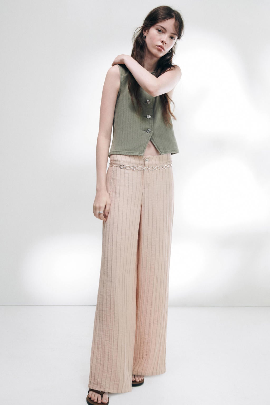 Zalmkleurige meisjes MANGO TEEN gestreepte pantalon van viscose met rits- en knoopsluiting