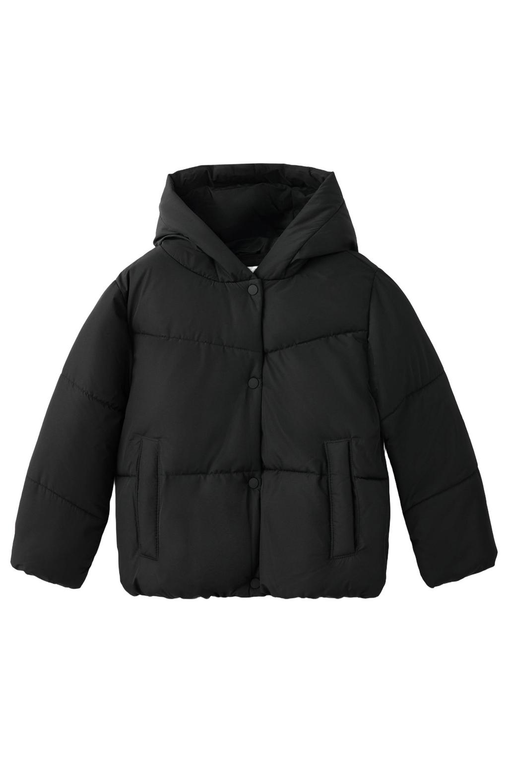 Zwarte meisjes Mango Kids gewatteerde winterjas van polyester met effen, lange mouwen, capuchon en rits- en drukknoopsluiting