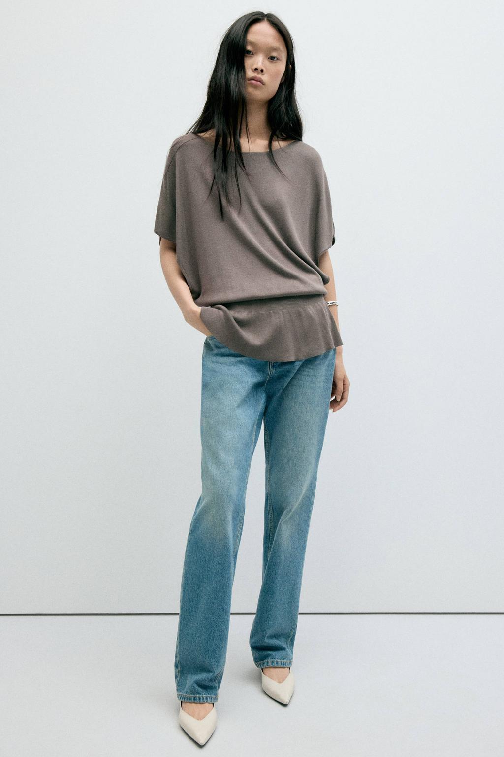 Bruine dames Mango fijn gebreide top van viscose met effen, driekwart mouwen en boothals