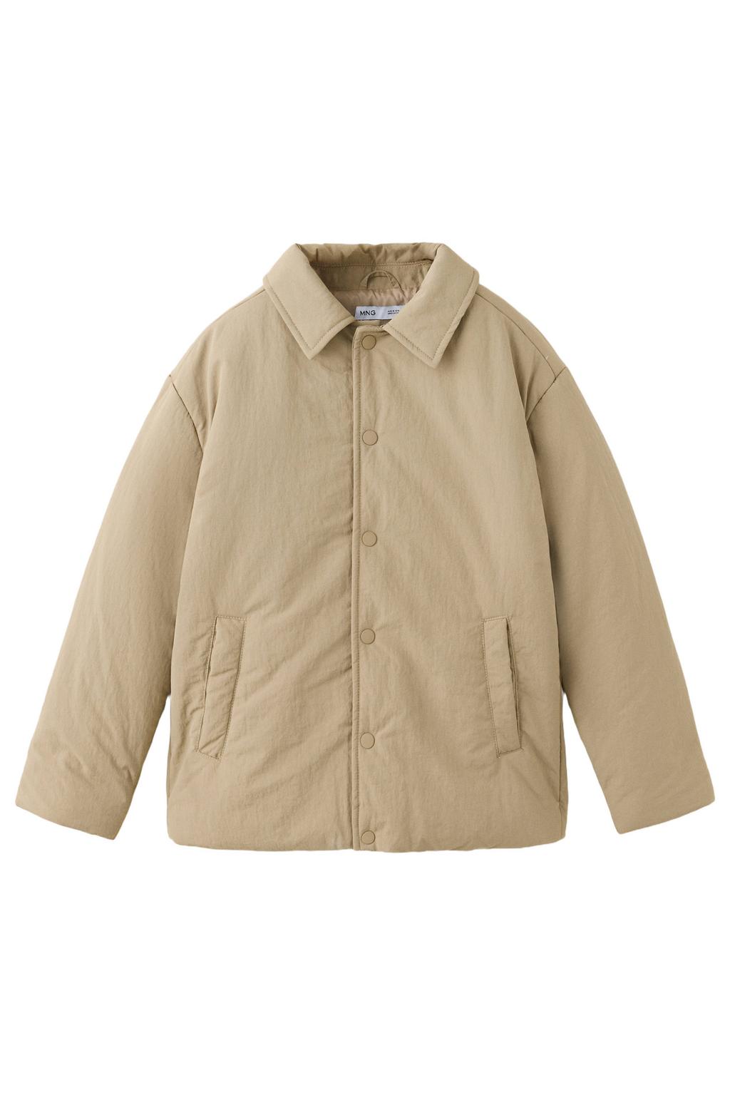 Beige jongens Mango Kids tussenjas van polyamide met effen, lange mouwen, klassieke kraag en drukknoopsluiting