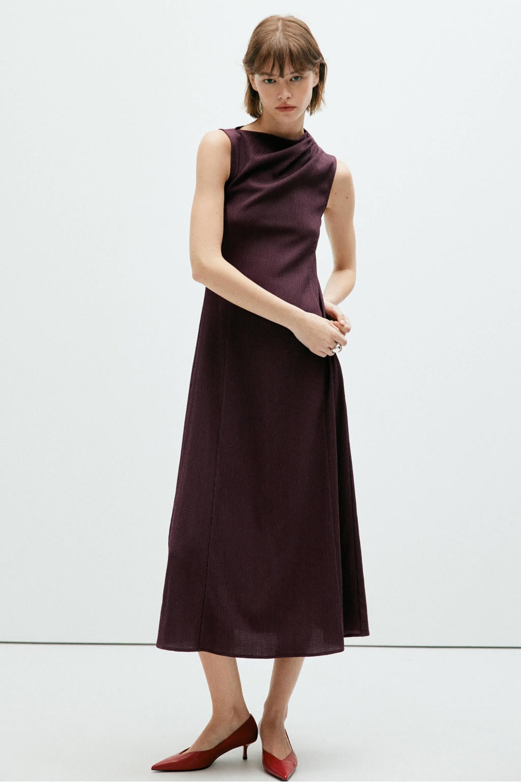 Donkerpaarse dames Mango midi zomerjurk van polyester met effen en ronde hals