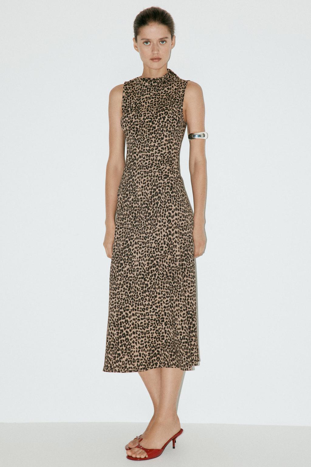 Bruin en beige dames Mango midi zomerjurk van polyester met panterprint en ronde hals
