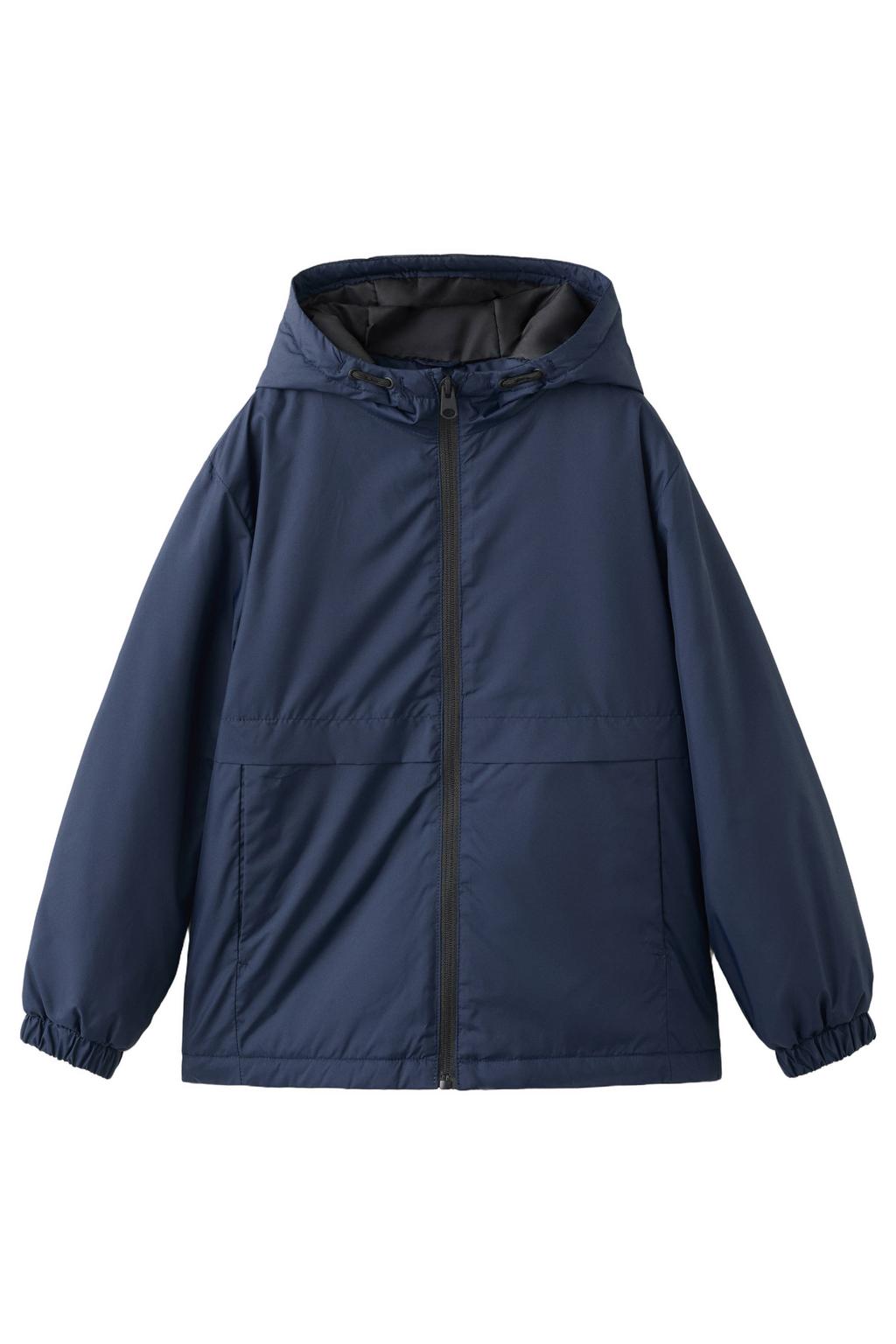 Donkerblauwe jongens Mango Kids gewatteerde winterjas van polyester met effen, lange mouwen, capuchon en ritssluiting