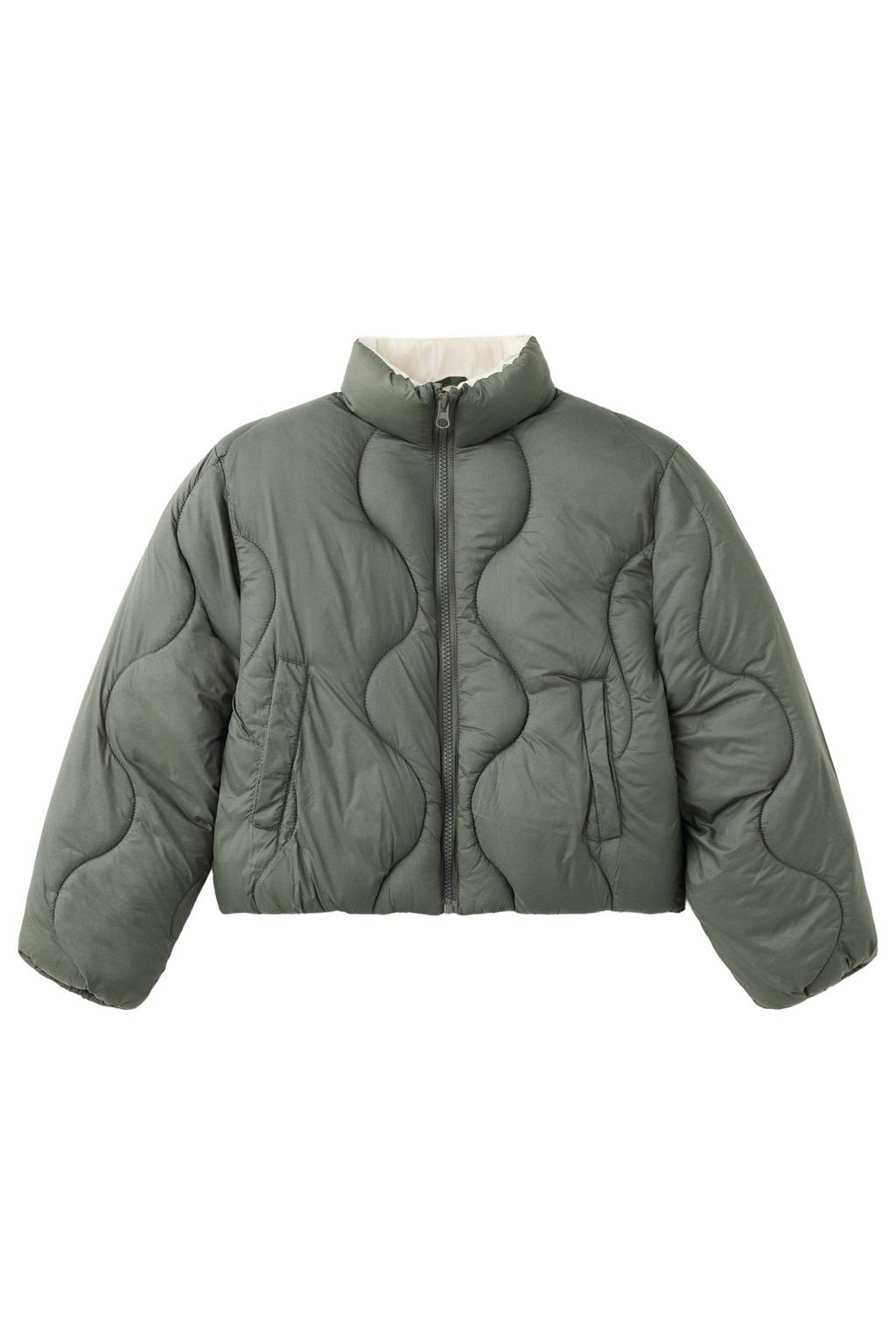 Kakikleurige meisjes Mango Kids gewatteerde winterjas van polyamide met effen, lange mouwen, opstaande kraag en ritssluiting