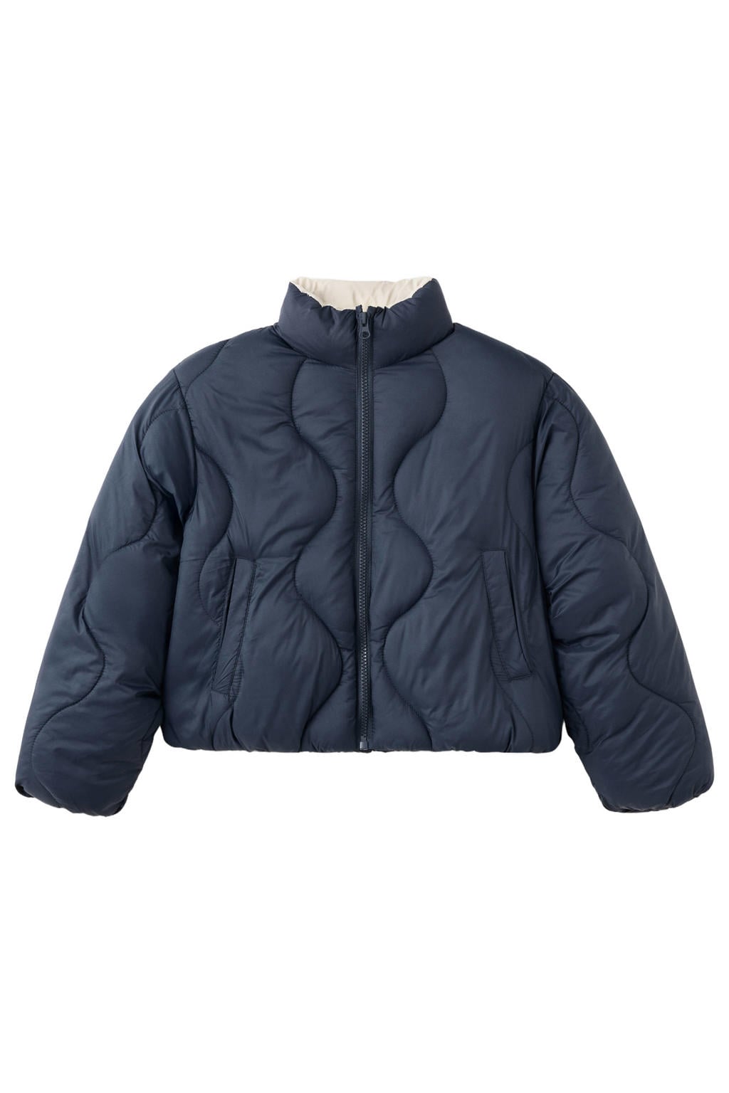 Marineblauw meisjes Mango Kids gewatteerde winterjas blauw van polyamide met effen, lange mouwen, opstaande kraag en ritssluiting