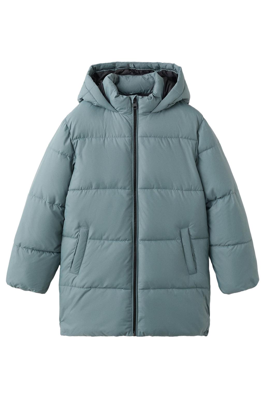 Blauwe jongens Mango Kids gewatteerde jas van polyester met effen, lange mouwen, capuchon en ritssluiting