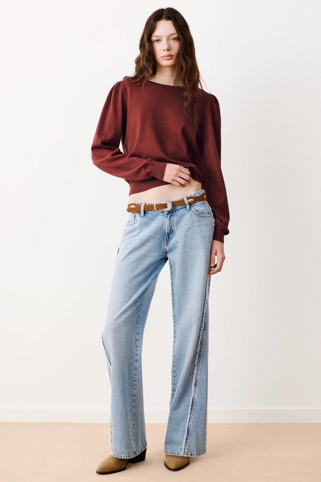 Roodbruine meisjes MANGO TEEN sweater bruin van katoen met effen, lange mouwen en ronde hals