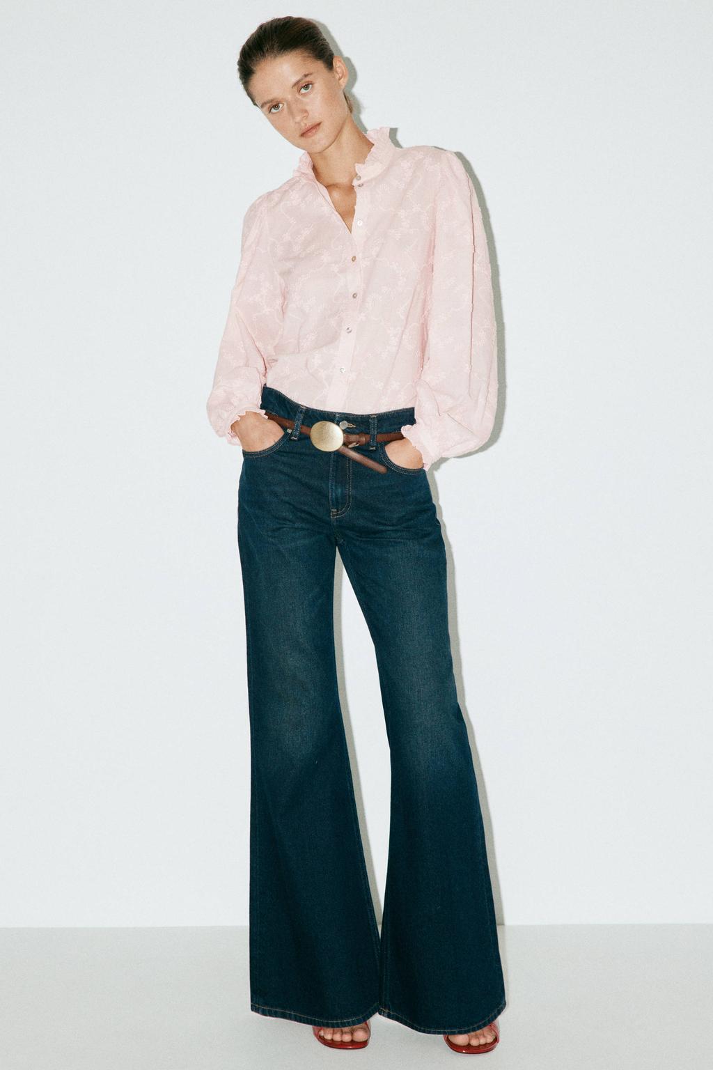 Lichtroze dames Mango blouse van katoen met effen, lange mouwen, klassieke kraag en knoopsluiting