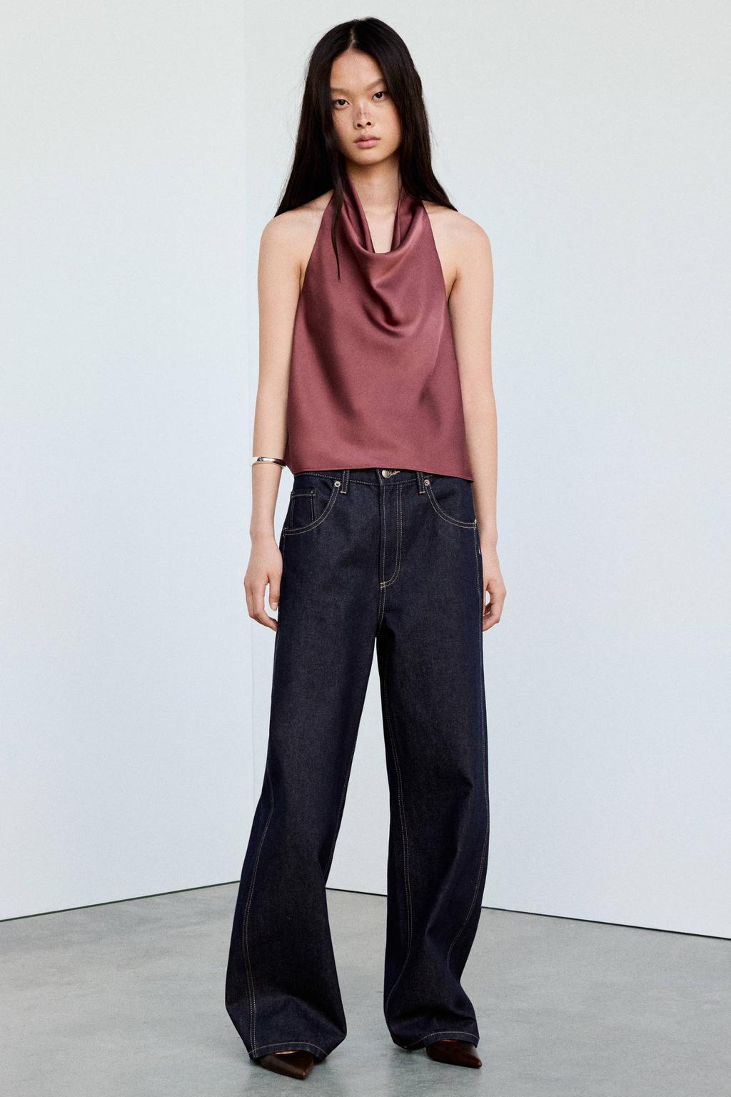 Roodbruine dames Mango top bruin van polyester met effen en halterkraag