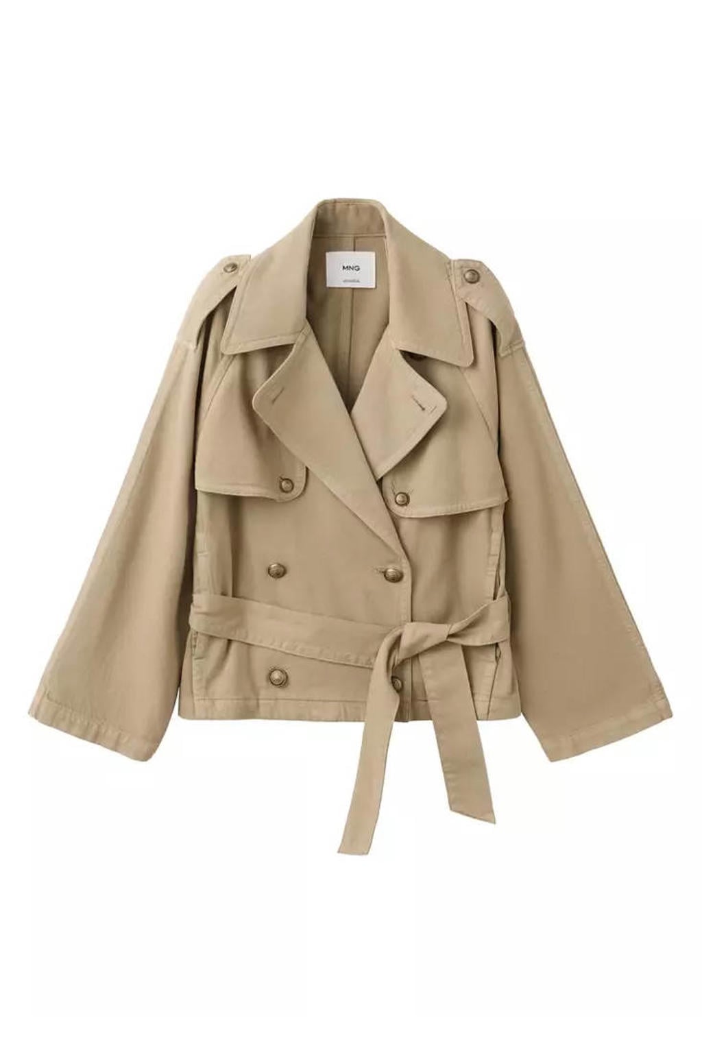 Beige dames Mango katoenen trenchcoat met lange mouwen, reverskraag en ceintuur