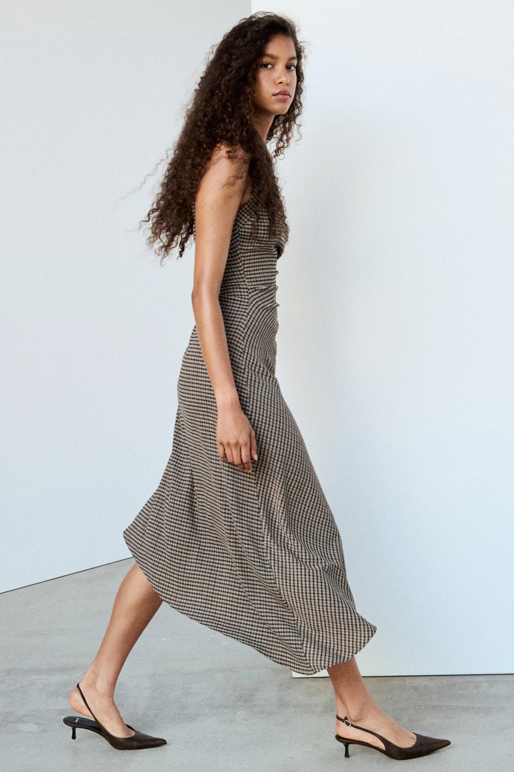 Bruine dames Mango geruite midi jurk van polyester met ronde hals