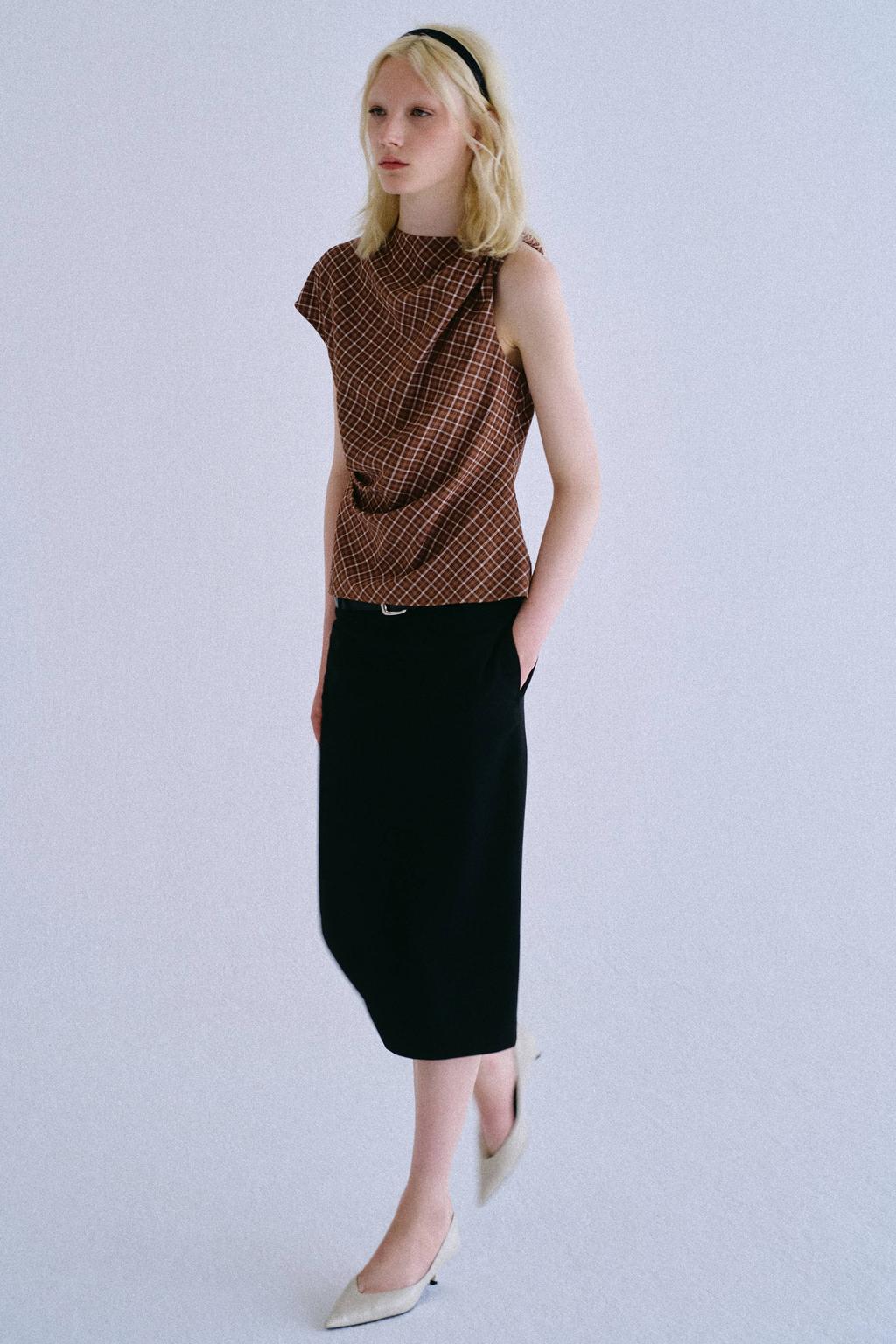Bruin en ecru dames Mango geruite top van polyester met korte mouwen en ronde hals