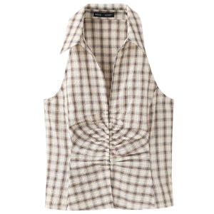 geruite top met plooien - bruin