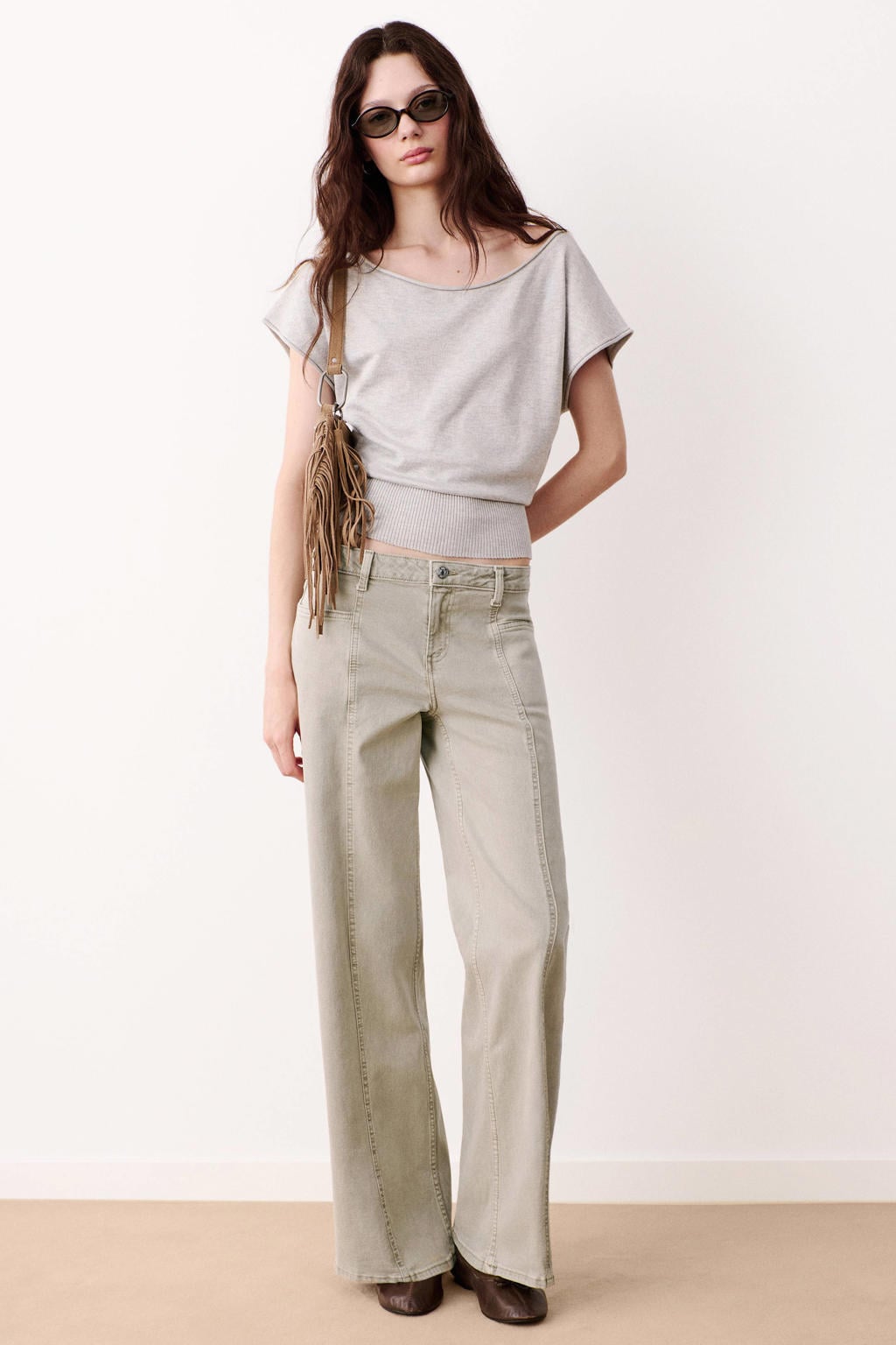 Kakikleurige meisjes MANGO TEEN low waist wide leg jeans van stretchdenim met rits- en knoopsluiting en effen