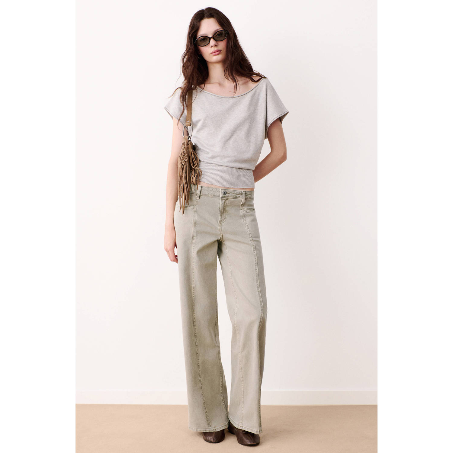 MANGO TEEN low waist wide leg jeans kaki