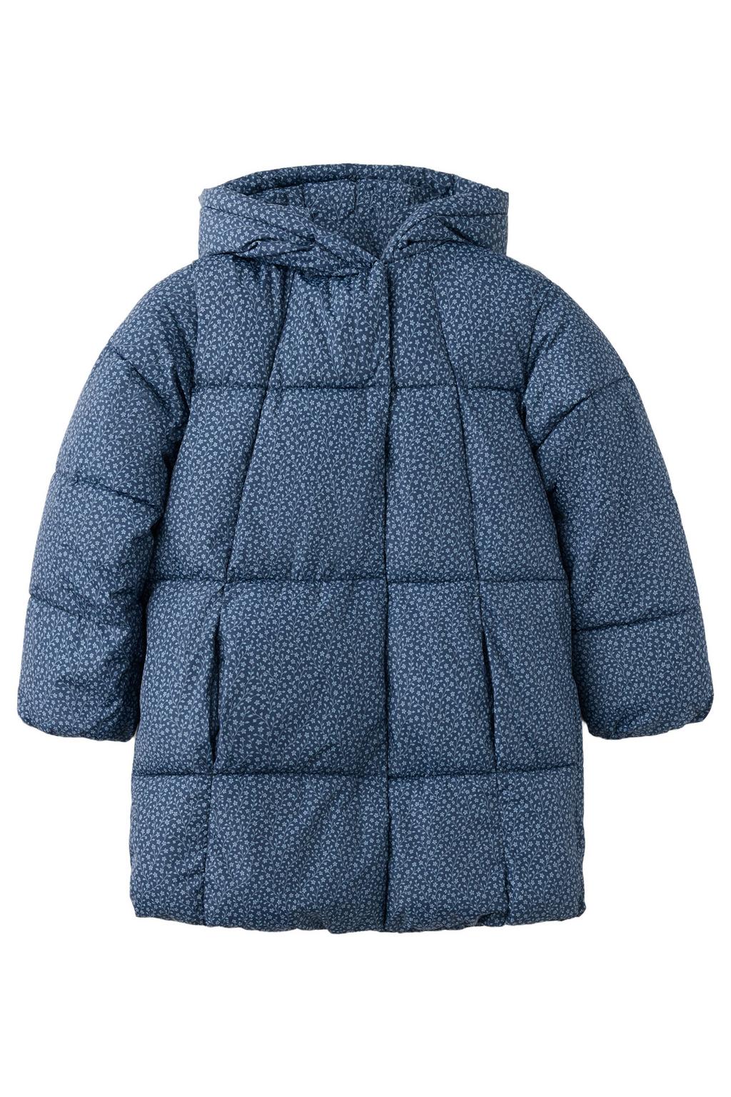 Donkerblauw en ecru meisjes Mango Kids gebloemde gewatteerde winterjas van polyester met lange mouwen, capuchon en knoopsluiting