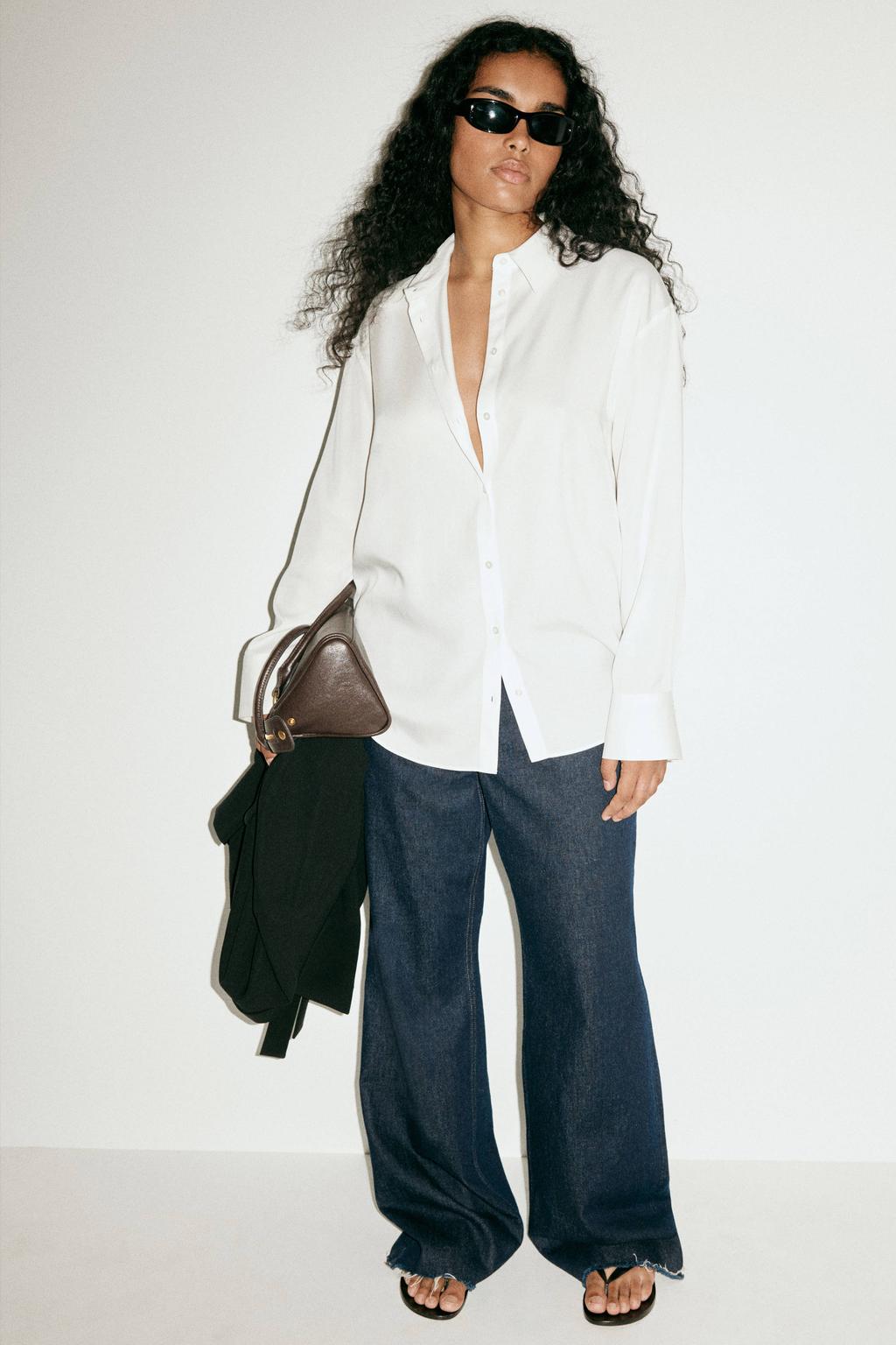 Witte dames Mango blouse van lyocell met effen, lange mouwen, klassieke kraag en knoopsluiting