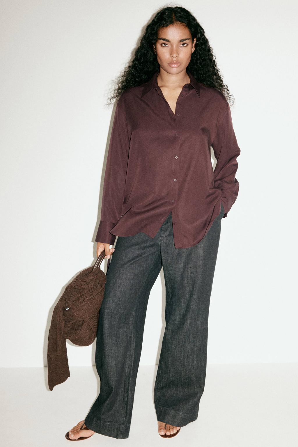 Bruine dames Mango blouse van lyocell met effen, lange mouwen, klassieke kraag en knoopsluiting