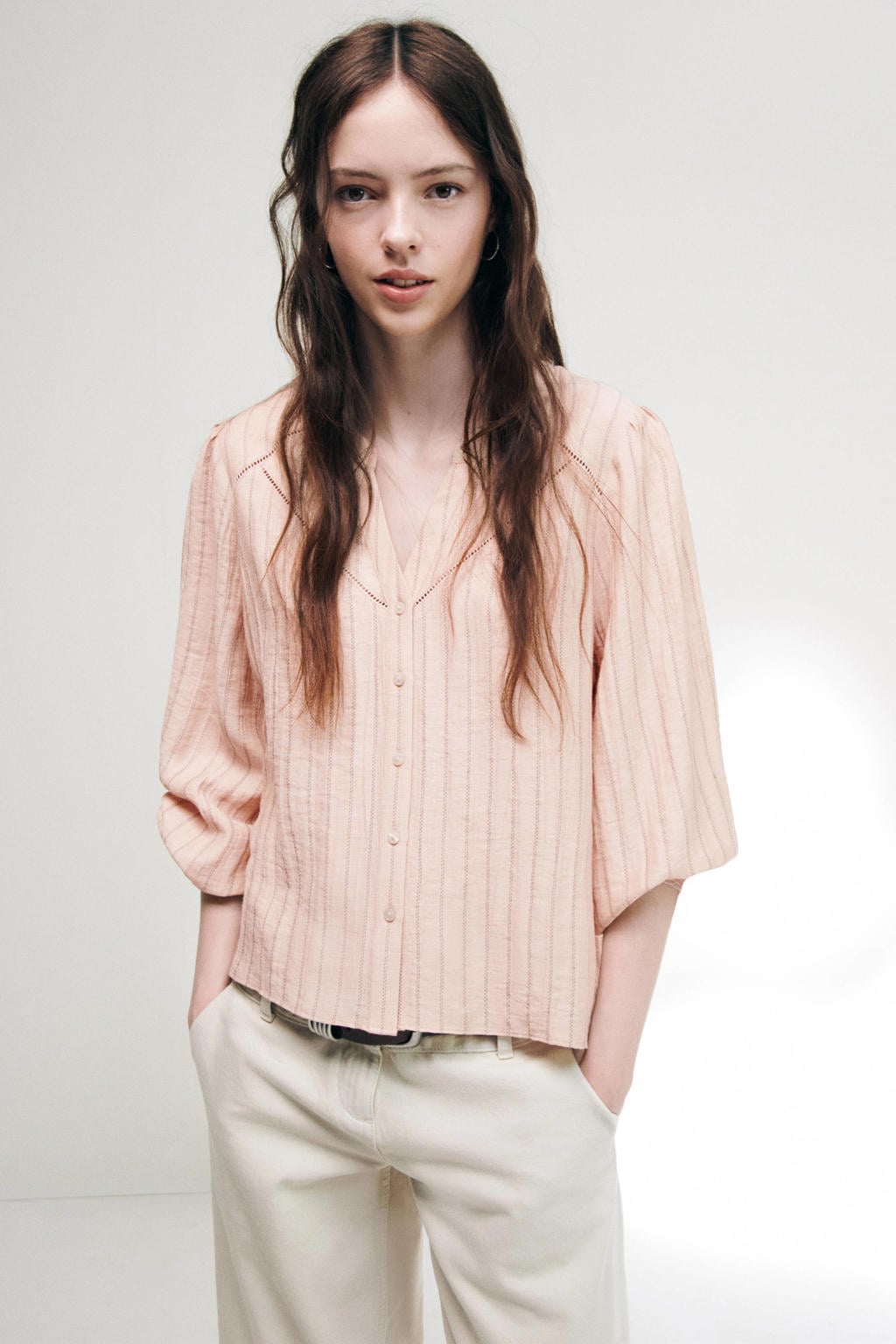 Lichtroze meisjes MANGO TEEN gestreepte blouse van katoen met lange mouwen, V-hals en knoopsluiting