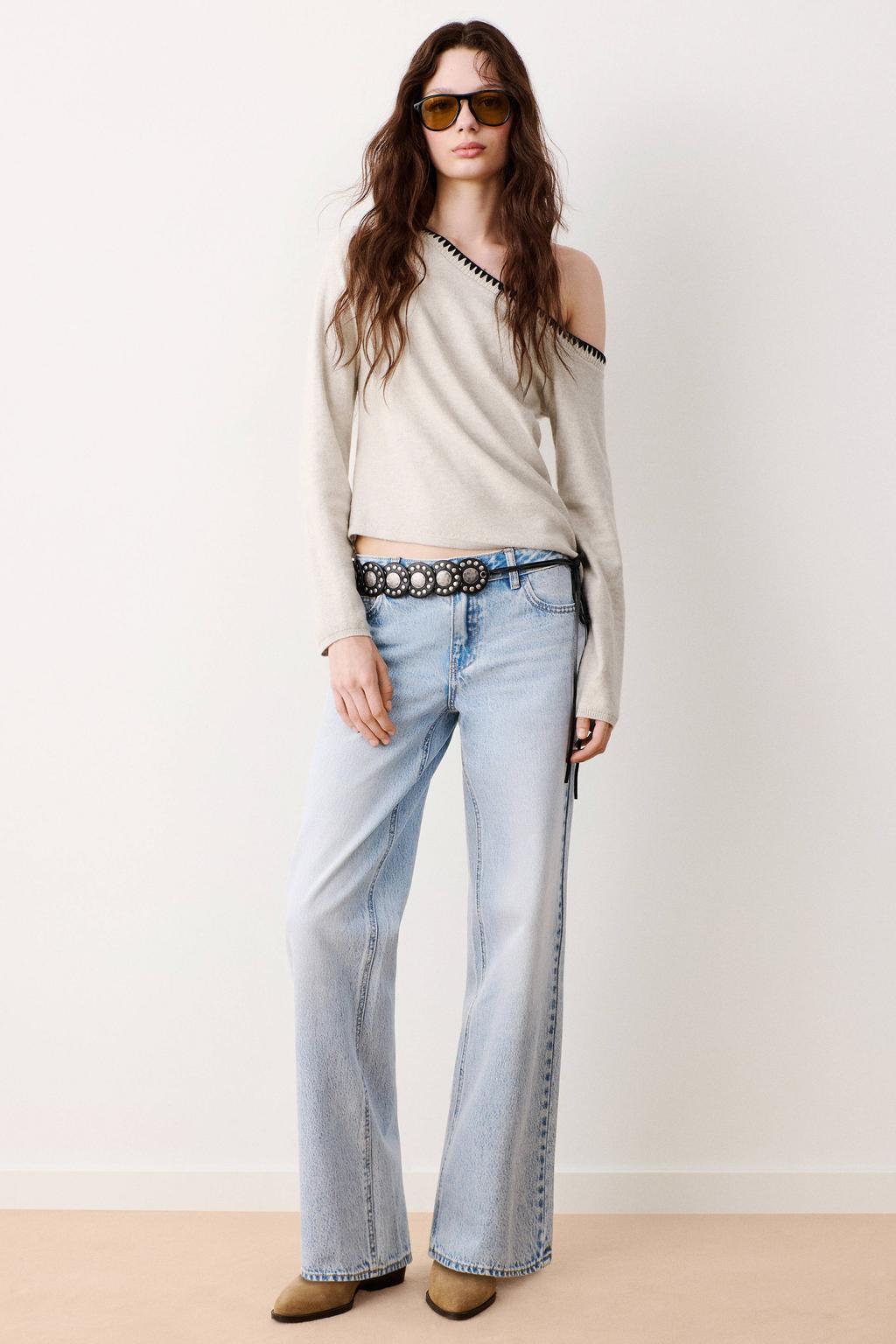 Zand en zwarte meisjes MANGO TEEN gebreide trui van katoen met effen, lange mouwen, one shoulder en contrast stiksels