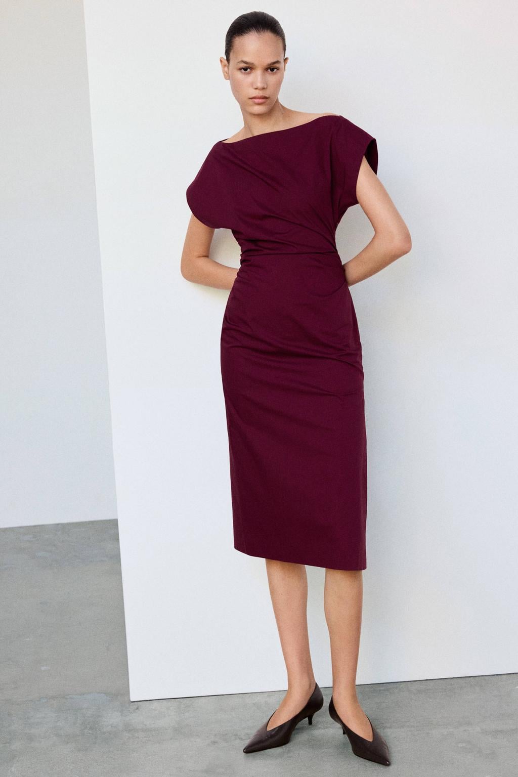 Donkerrode dames Mango off shoulder midi jurk van katoen met korte mouwen en ritssluiting