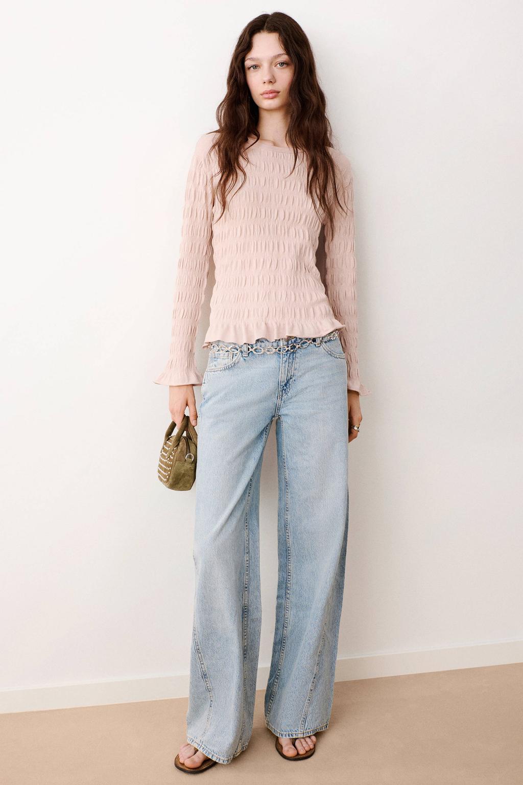 Oudroze meisjes MANGO TEEN gebreide top en smockwerk van polyester met lange mouwen en ronde hals