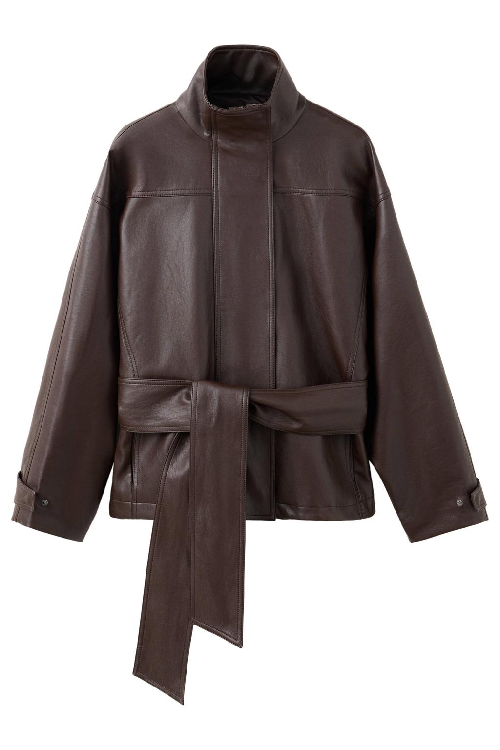Bruine dames Mango imitatieleren jas van viscose met lange mouwen, opstaande kraag en ceintuur
