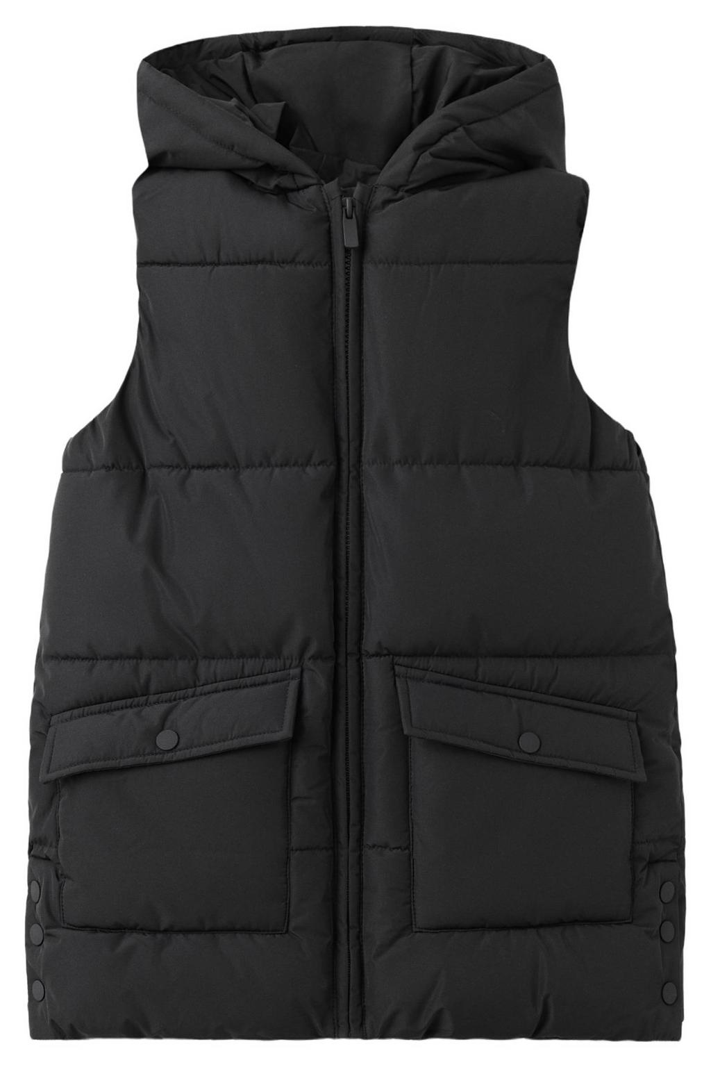 Zwarte jongens en meisjes Mango Kids bodywarmer van polyester met effen, capuchon en ritssluiting