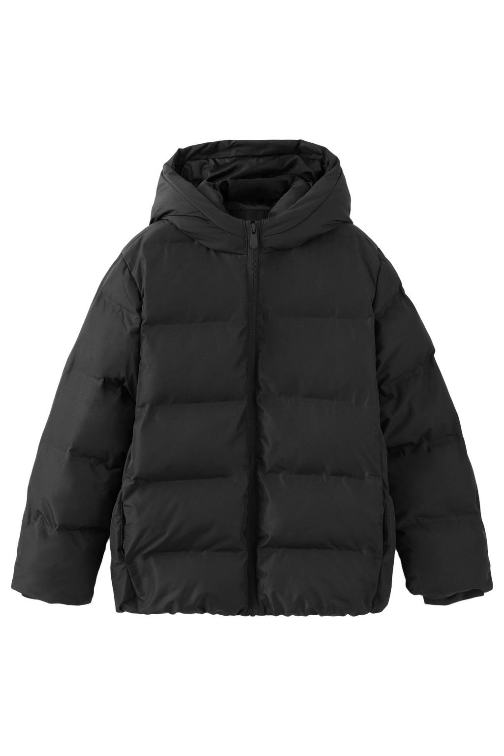 Zwarte jongens Mango Kids gewatteerde winterjas van polyester met effen, lange mouwen, capuchon en ritssluiting