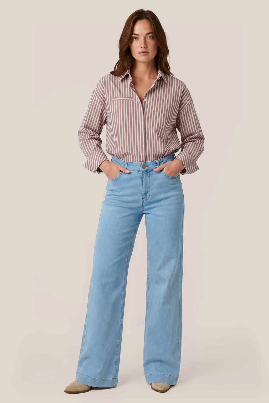 Bruin en roze dames Mart Visser X Caroline Tensen gestreepte blouse van katoen met lange mouwen, klassieke kraag en knoopsluiting