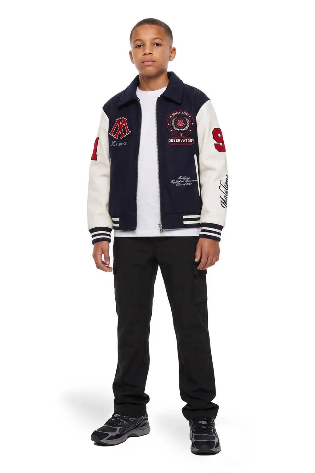 Donkerblauw, ecru en rode jongens Malelions baseball jacket en met backprint, lange mouwen, opstaande kraag, ritssluiting en patches