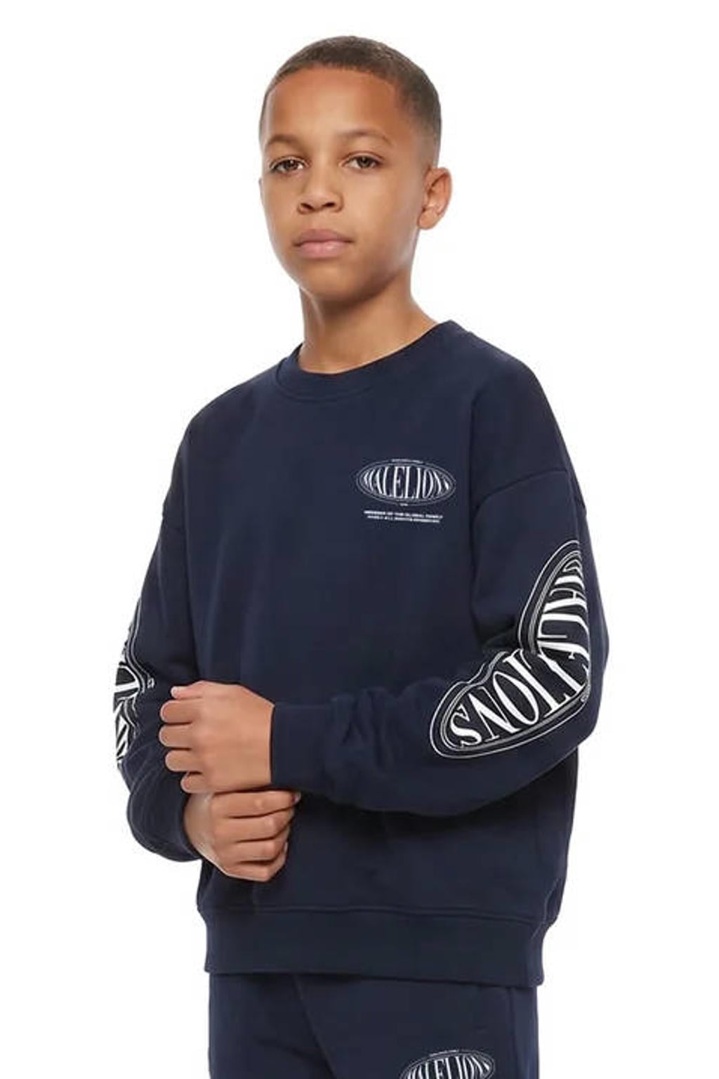 Donkerblauwe jongens Malelions sweater met backprint, lange mouwen en ronde hals