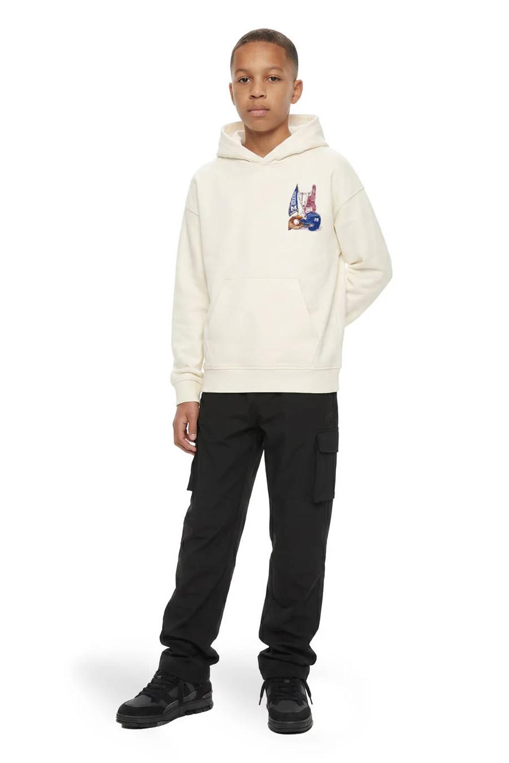 Ecru jongens Malelions sweater met backprint, lange mouwen en capuchon