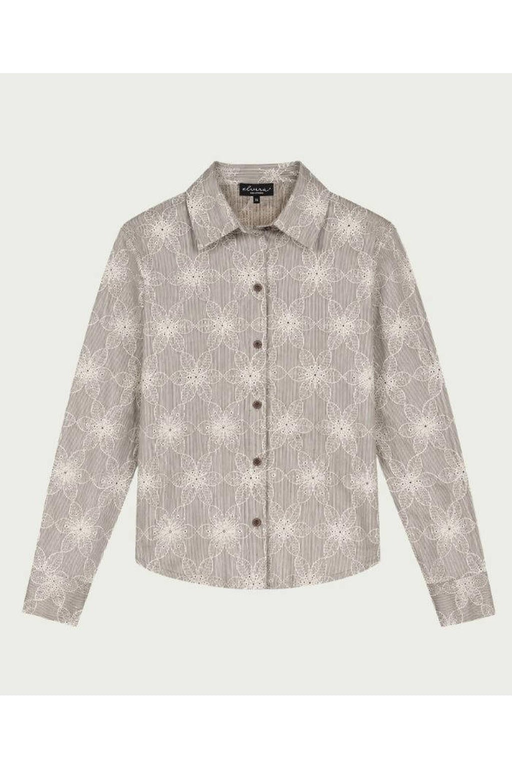 Bruine dames Elvira Collections gebloemde blouse van katoen met lange mouwen, klassieke kraag en knoopsluiting