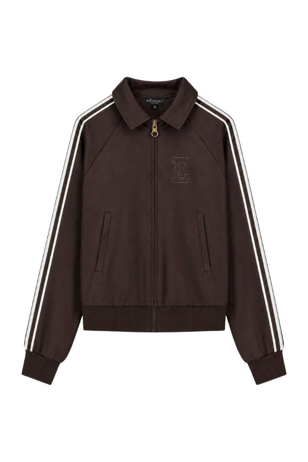 Bruine dames Elvira Collections bomberjack van polyester met effen, lange mouwen, klassieke kraag en contrast bies