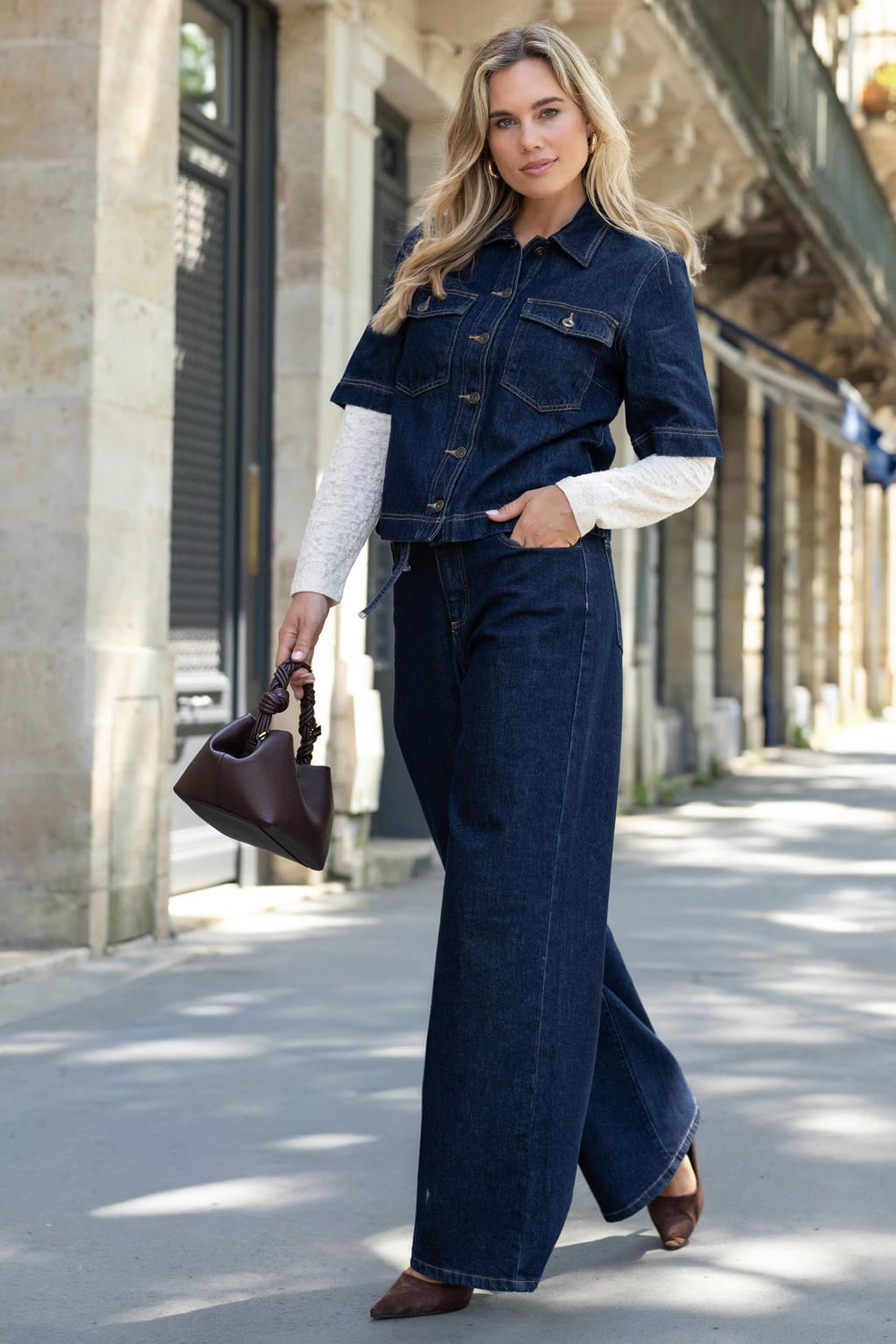 Donkerblauwe dames Elvira Collections wide leg jeans van denim met high waist, rits- en knoopsluiting en effen
