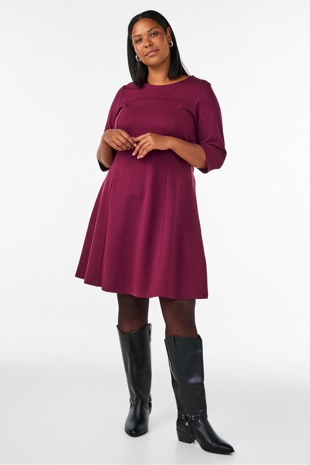 Donkerrode dames Zizzi A-lijn jurk Plus Size van rayon met effen en driekwart mouwen