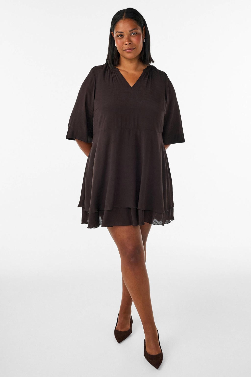 Donkerblauwe dames Zizzi A-lijn jurk Plus Size van viscose met effen en korte mouwen