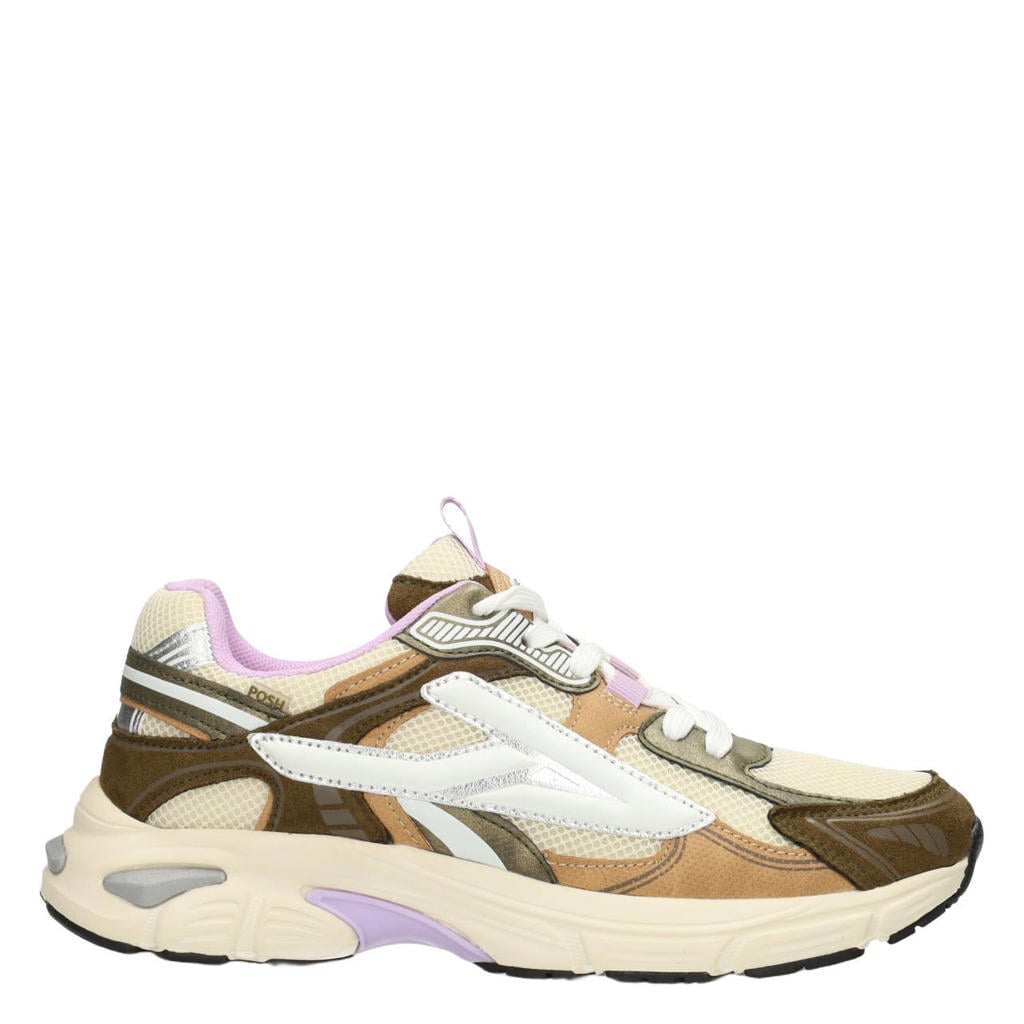 Groen, ecru en lilakleurige dames POSH by Poelman Ginny sneakers - van textiel en imitatieleer met veters