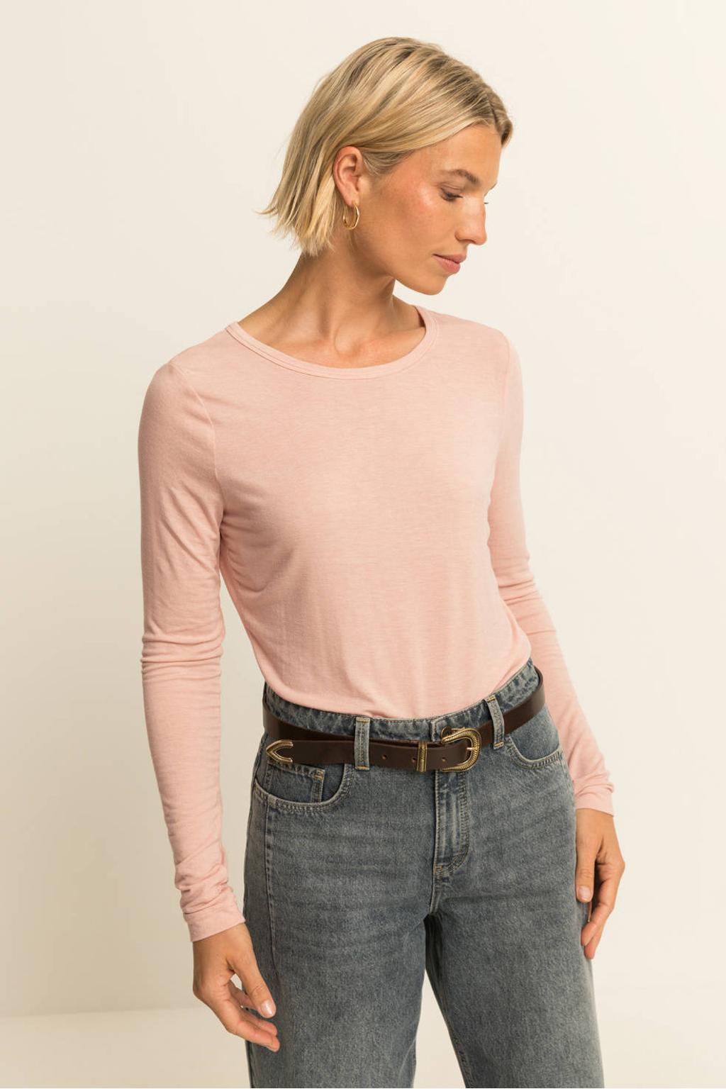 Lichtroze dames Expresso longsleeve van viscose met effen, lange mouwen en ronde hals