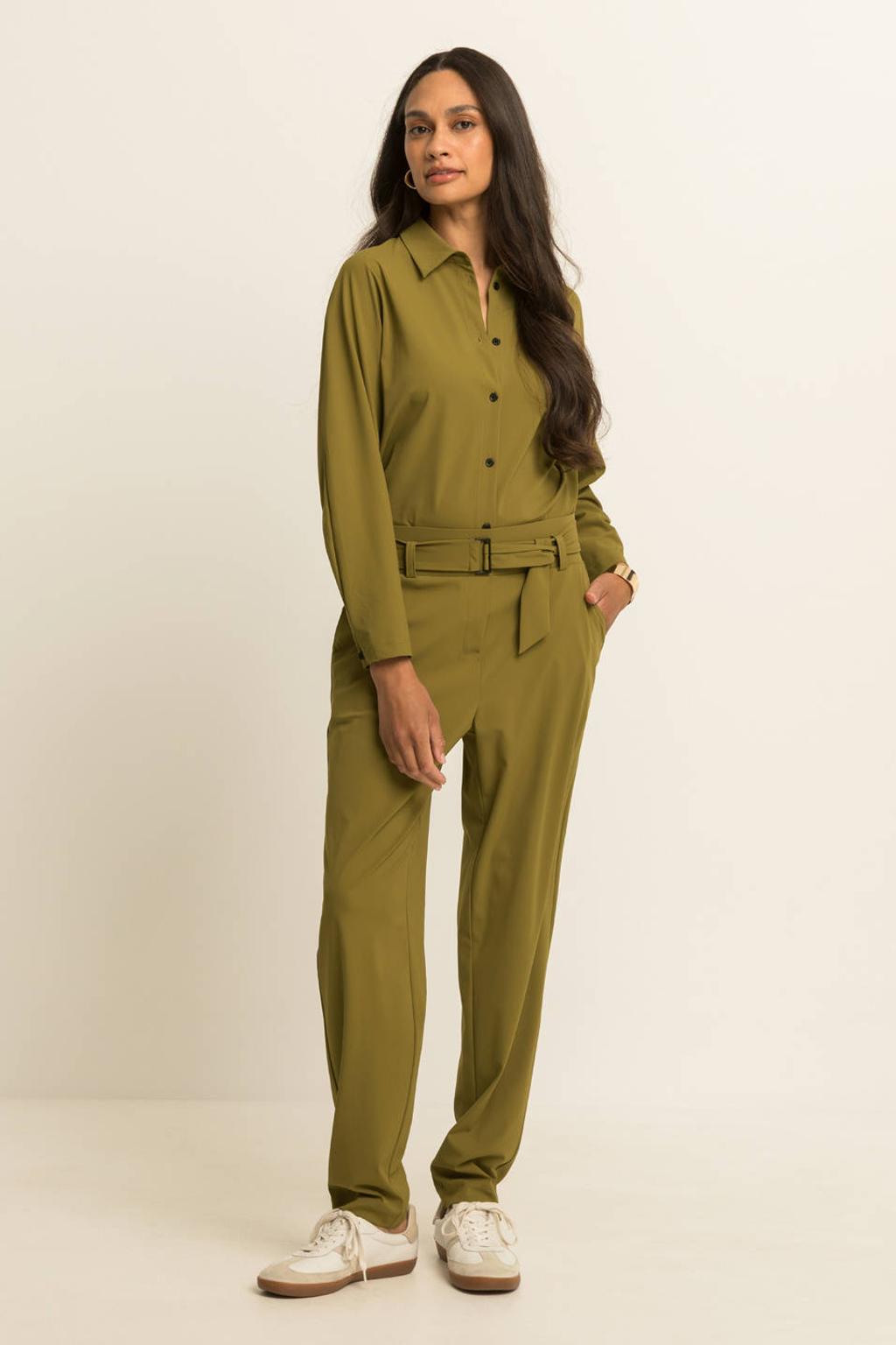 Groene dames Expresso travelstof blouse met effen, lange mouwen, klassieke kraag en knoopsluiting