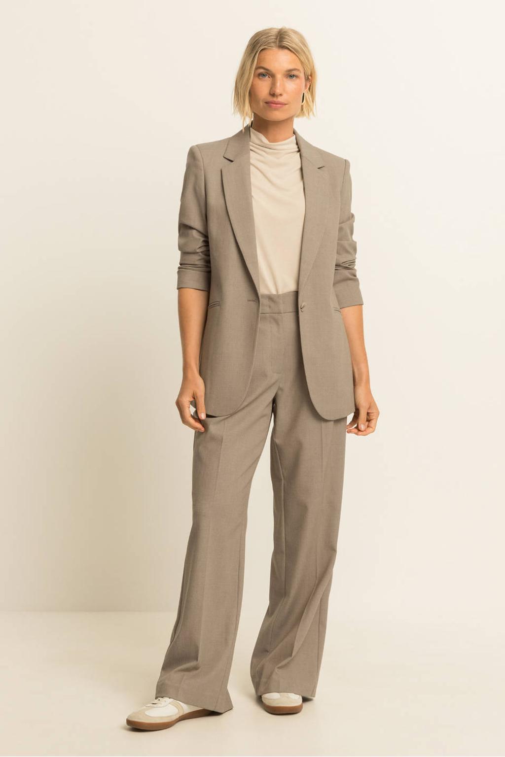 Beige dames Expresso getailleerde blazer van wol met effen, lange mouwen, reverskraag en knoopsluiting