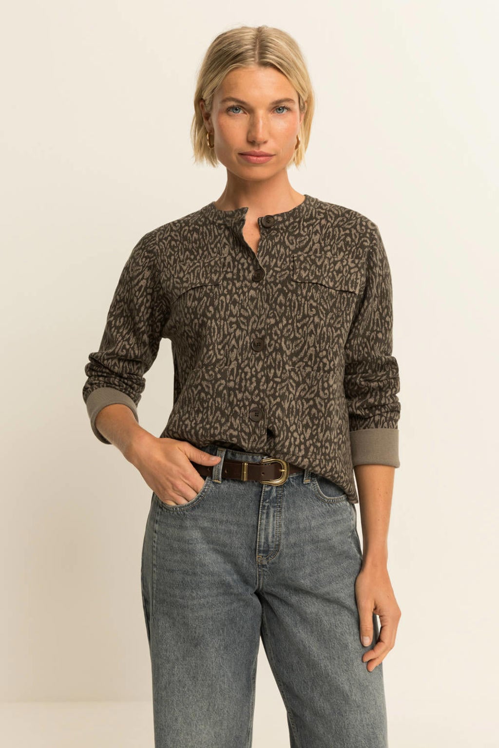 Taupe dames Expresso vest van katoen met lange mouwen, ronde hals en knoopsluiting