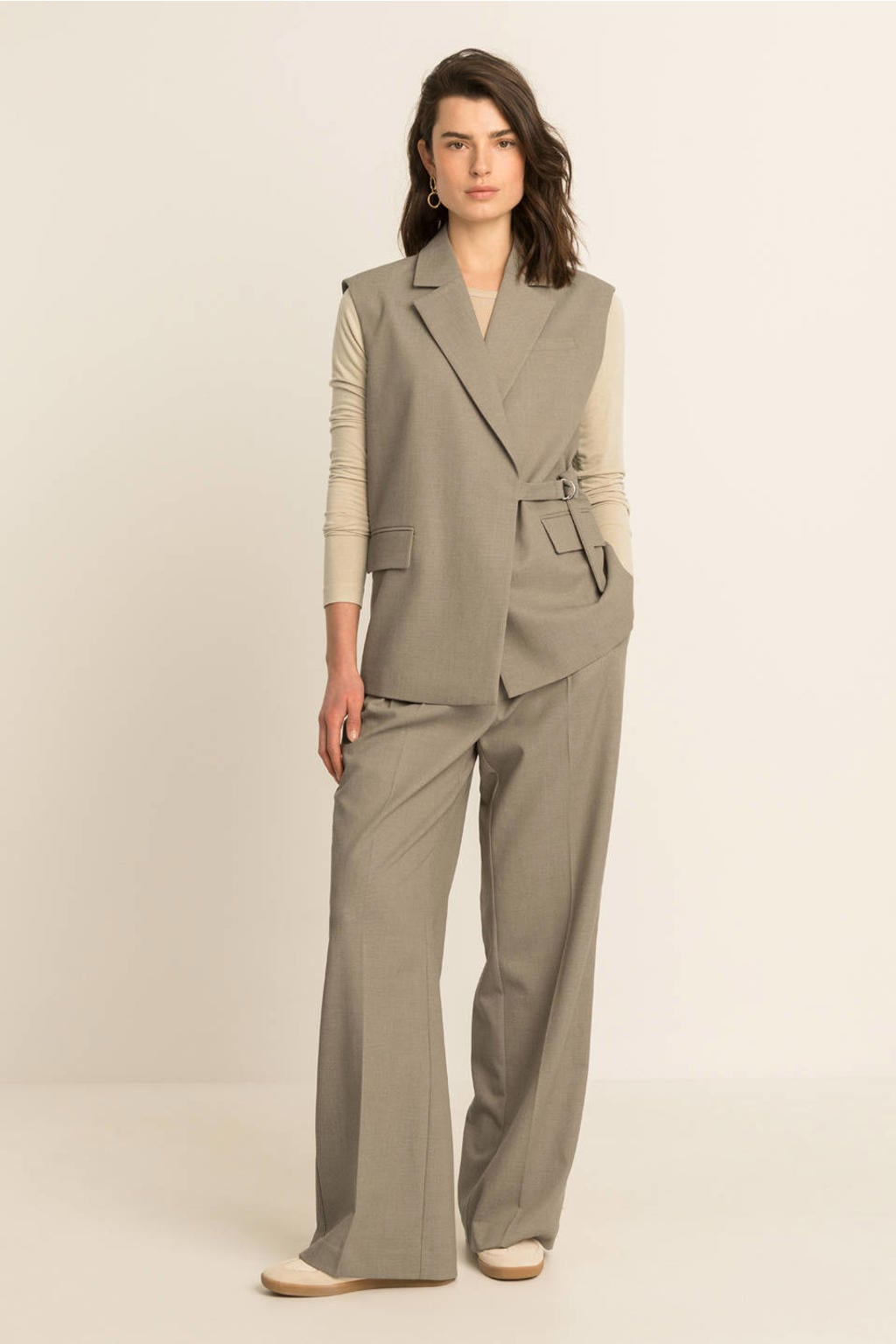 Taupe dames Expresso straight leg broek met rits- en haaksluiting en effen