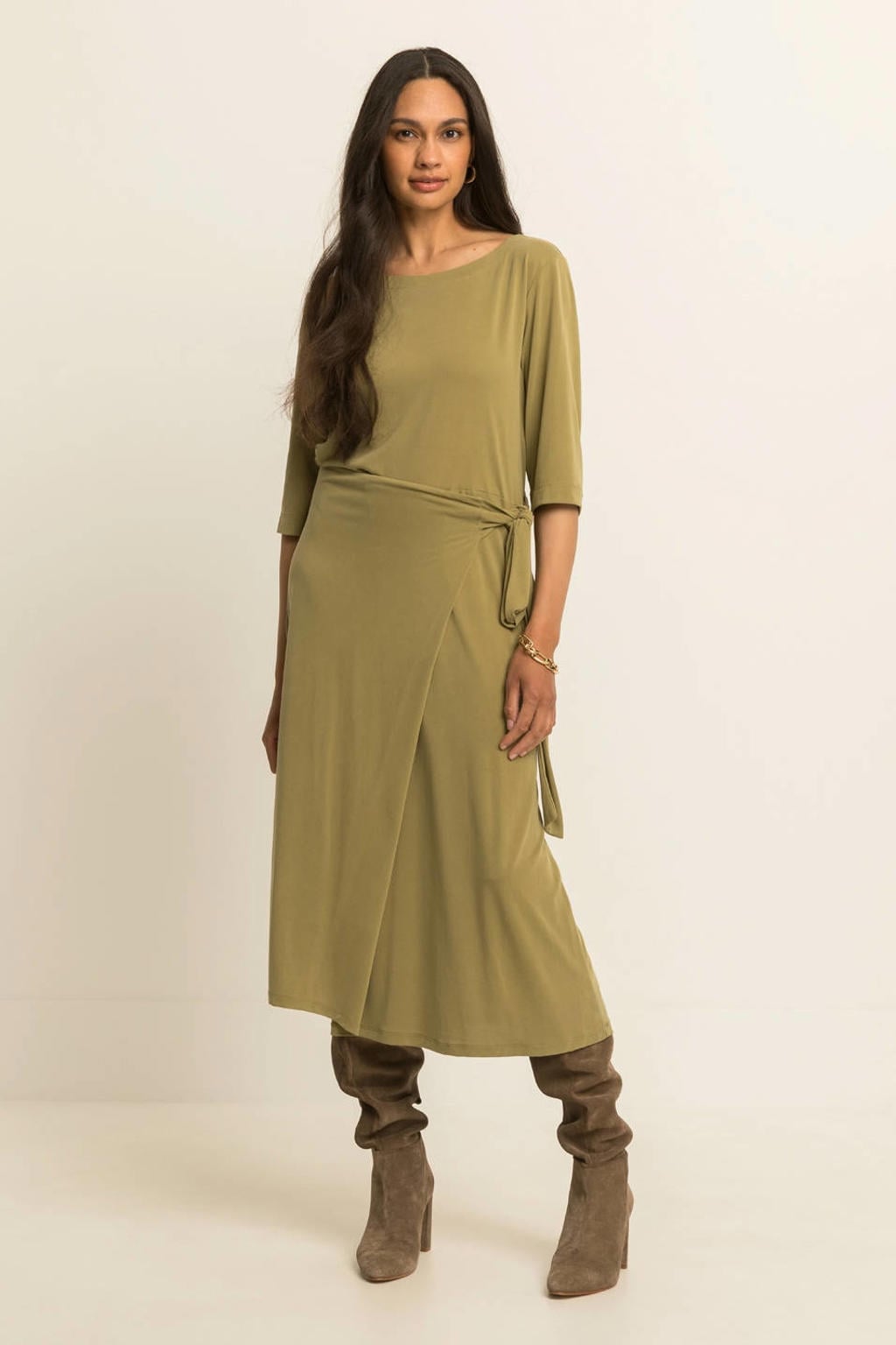 Groene dames Expresso midi jurk van viscose met effen, driekwart mouwen, ronde hals en knoopdetail