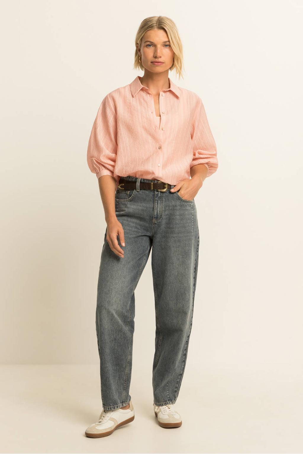 Lichtroze dames Expresso gestreepte blouse van lyocell met lange mouwen, klassieke kraag en knoopsluiting