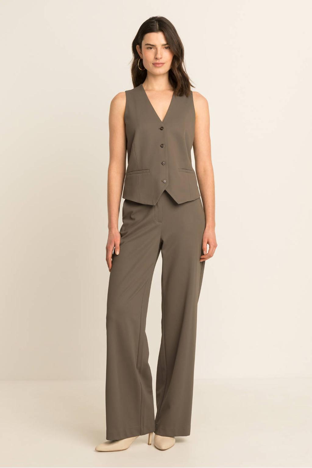 Bruine dames Expresso flared broek van polyamide met high waist, rits- en haaksluiting en effen